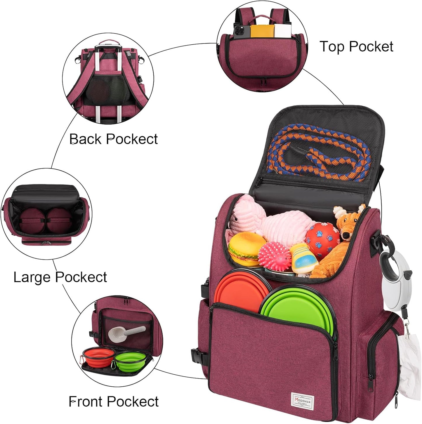 Airline Approved Pet Accessories Organizer Backpack, 2 Dog Food Storage Containers, 2 Collapsible Dog Bowls,1 Pet Mat, Rose Red
