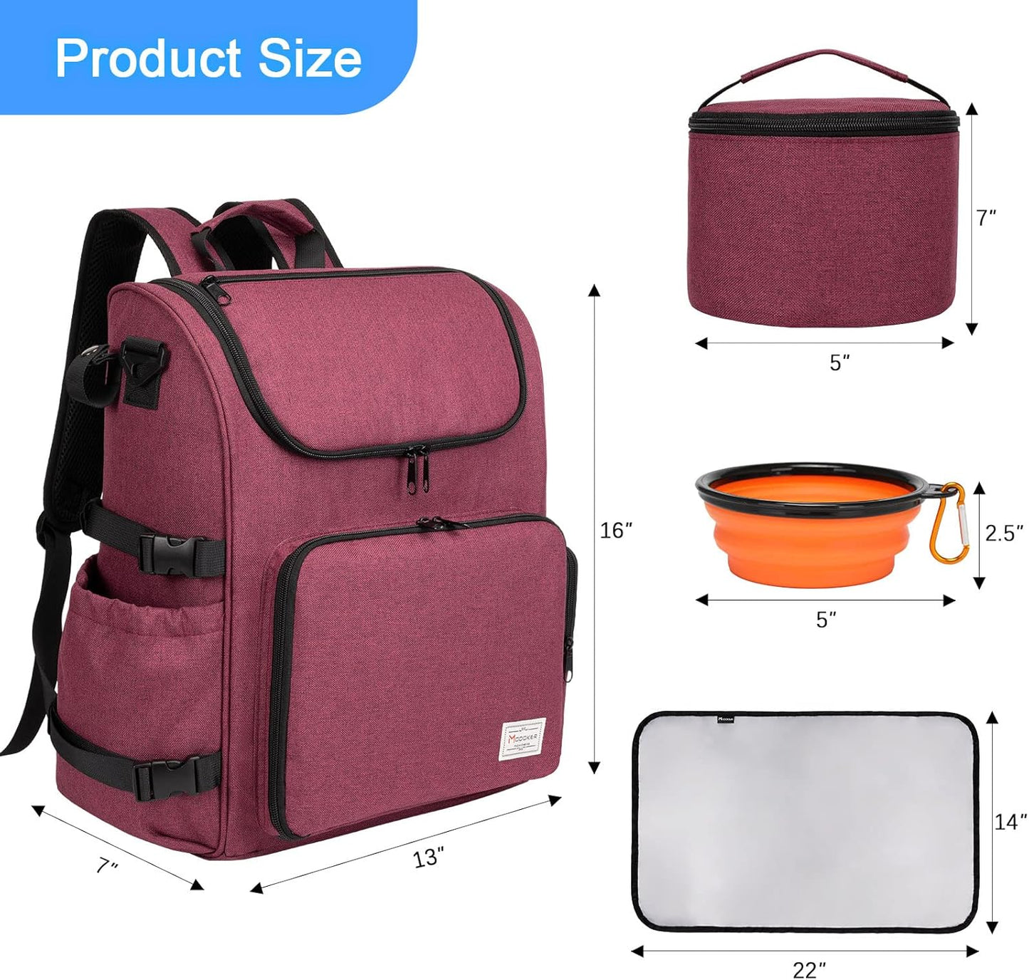 Airline Approved Pet Accessories Organizer Backpack, 2 Dog Food Storage Containers, 2 Collapsible Dog Bowls,1 Pet Mat, Rose Red