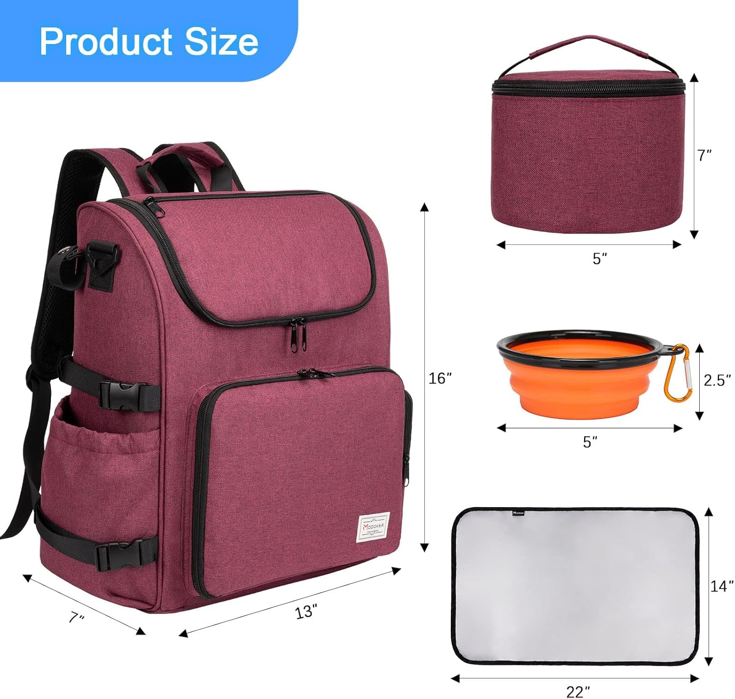 Airline Approved Pet Accessories Organizer Backpack, 2 Dog Food Storage Containers, 2 Collapsible Dog Bowls,1 Pet Mat, Rose Red