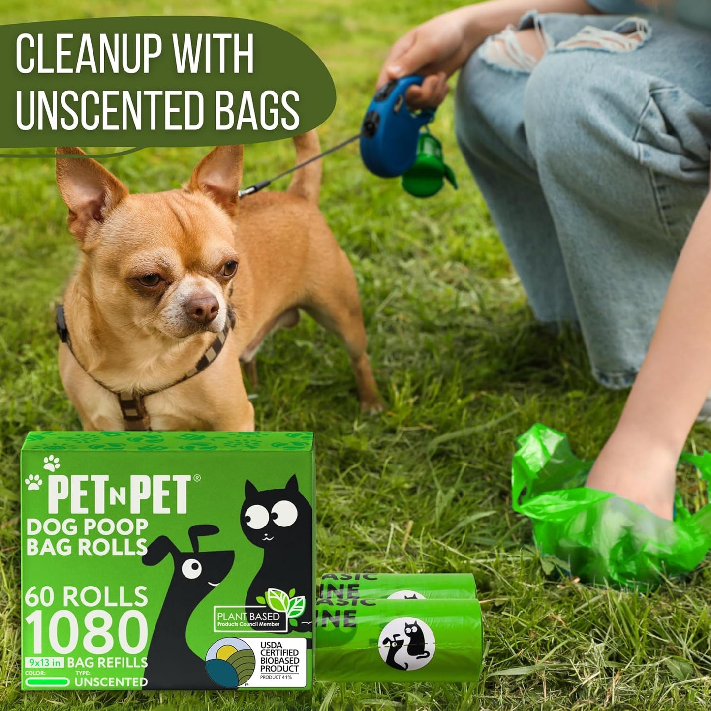 Poop Bags, 41% Plant-Based, USDA Certified (1080 Count, Unscented, Green)