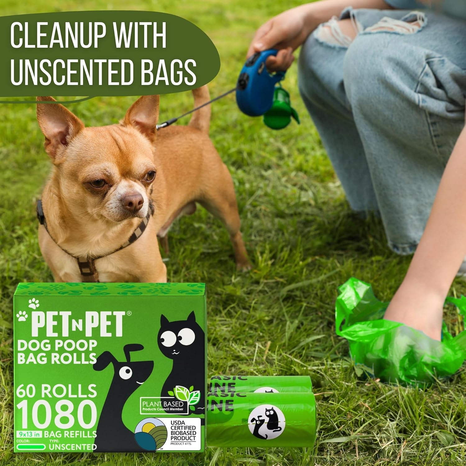 Poop Bags, 41% Plant-Based, USDA Certified (1080 Count, Unscented, Green)