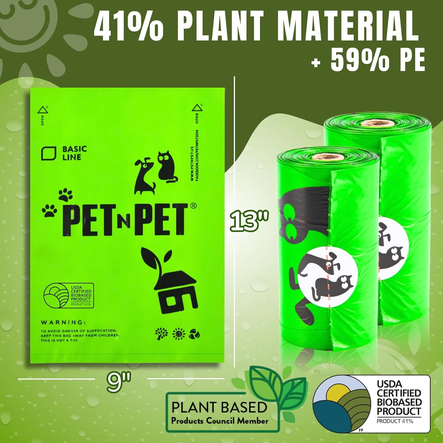 Poop Bags, 41% Plant-Based, USDA Certified (1080 Count, Unscented, Green)