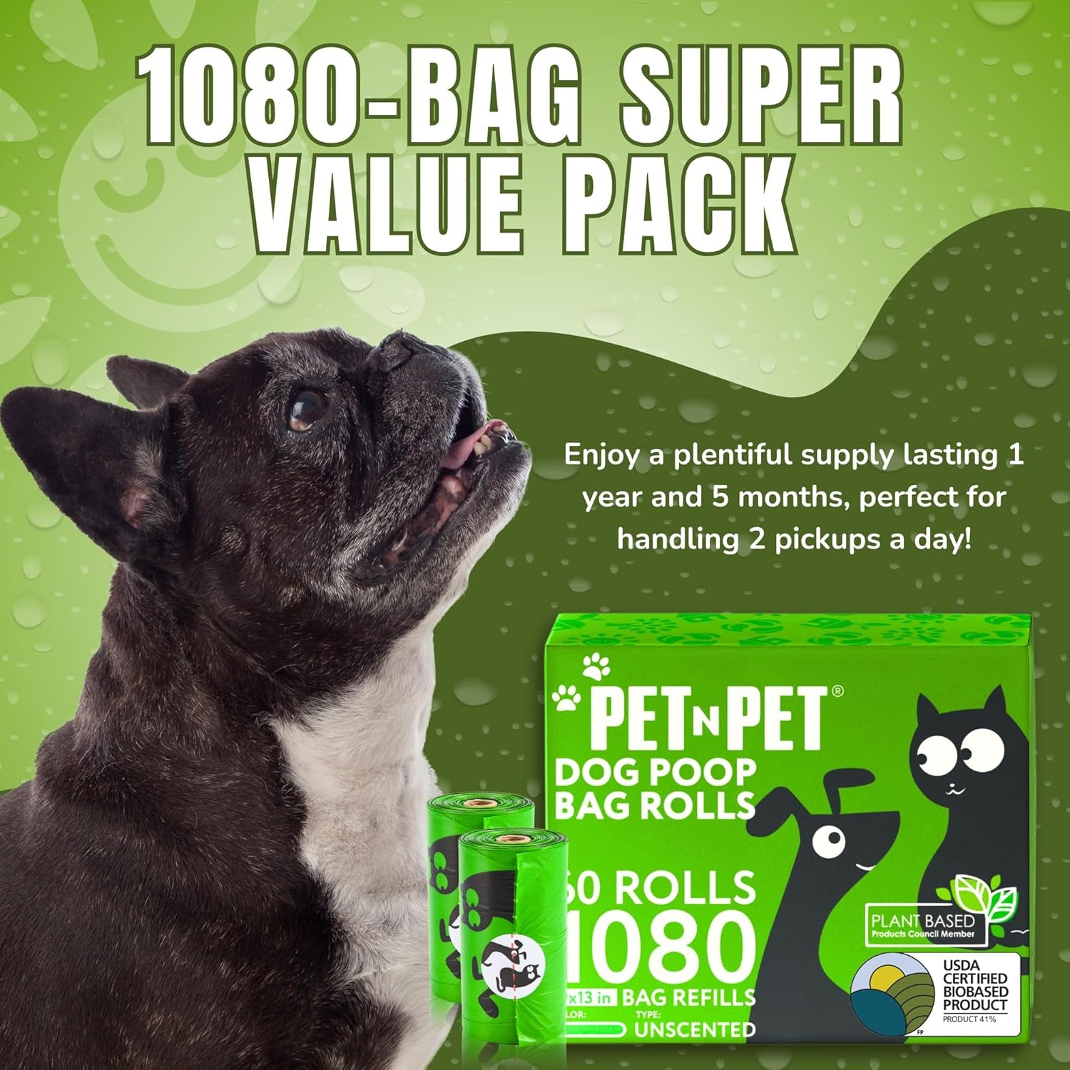 Poop Bags, 41% Plant-Based, USDA Certified (1080 Count, Unscented, Green)