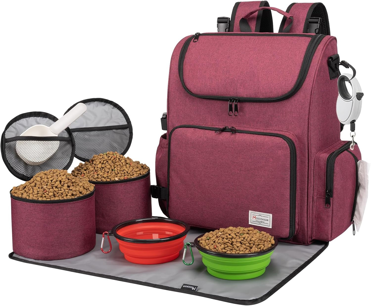 Airline Approved Pet Accessories Organizer Backpack, 2 Dog Food Storage Containers, 2 Collapsible Dog Bowls,1 Pet Mat, Rose Red