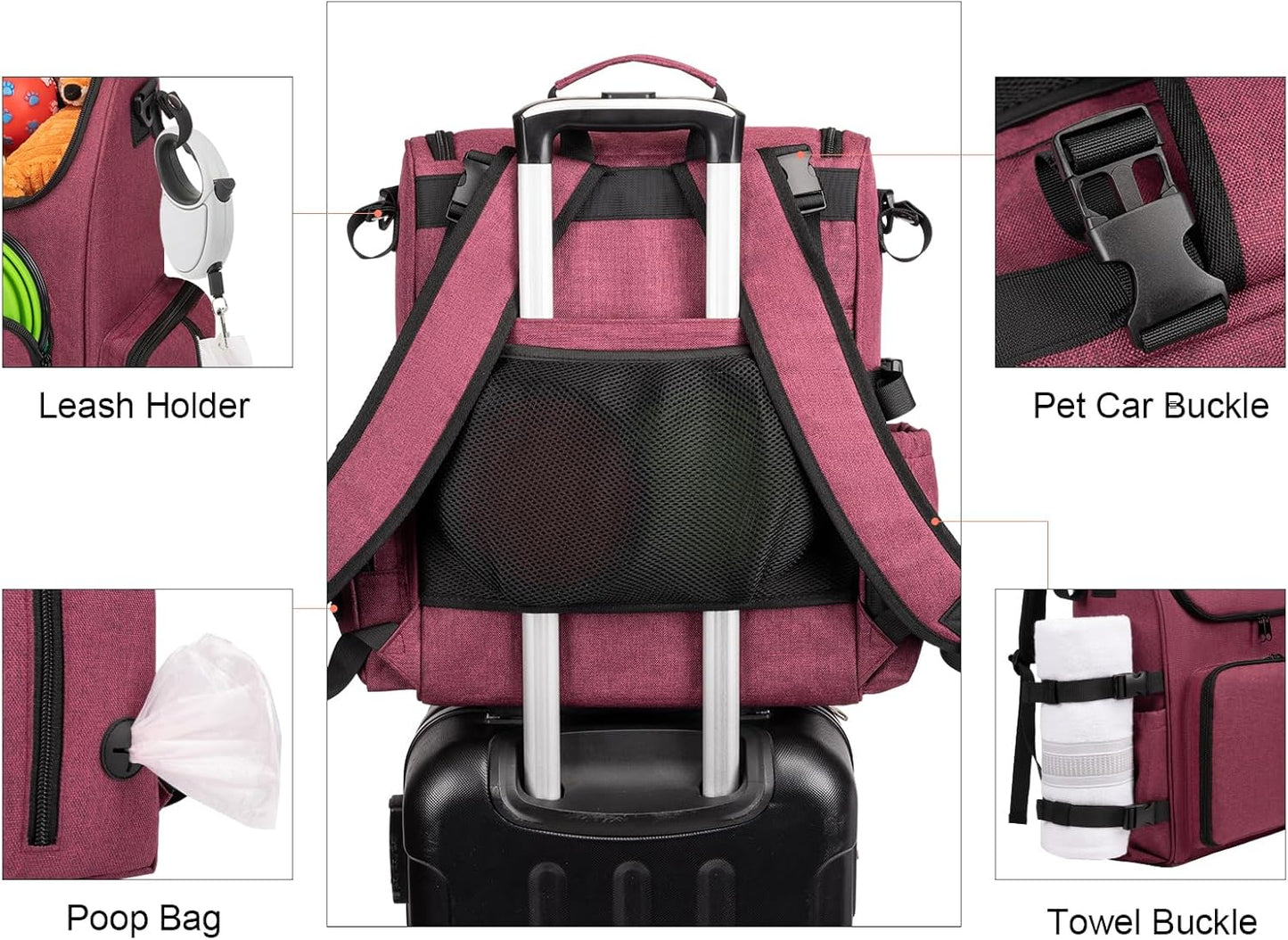 Airline Approved Pet Accessories Organizer Backpack, 2 Dog Food Storage Containers, 2 Collapsible Dog Bowls,1 Pet Mat, Rose Red
