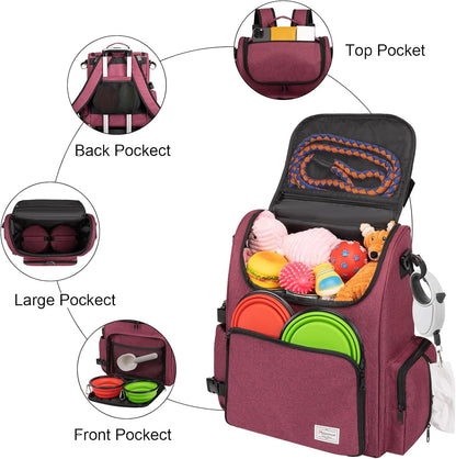 Airline Approved Pet Accessories Organizer Backpack, 2 Dog Food Storage Containers, 2 Collapsible Dog Bowls,1 Pet Mat, Rose Red