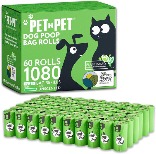 Poop Bags, 41% Plant-Based, USDA Certified (1080 Count, Unscented, Green)