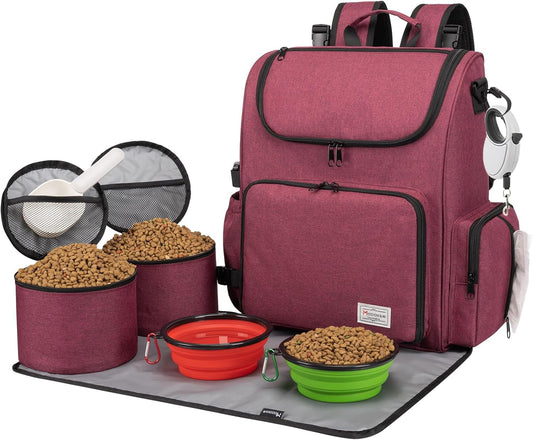 Airline Approved Pet Accessories Organizer Backpack, 2 Dog Food Storage Containers, 2 Collapsible Dog Bowls,1 Pet Mat, Rose Red