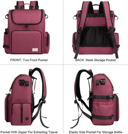 Airline Approved Pet Accessories Organizer Backpack, 2 Dog Food Storage Containers, 2 Collapsible Dog Bowls,1 Pet Mat, Rose Red
